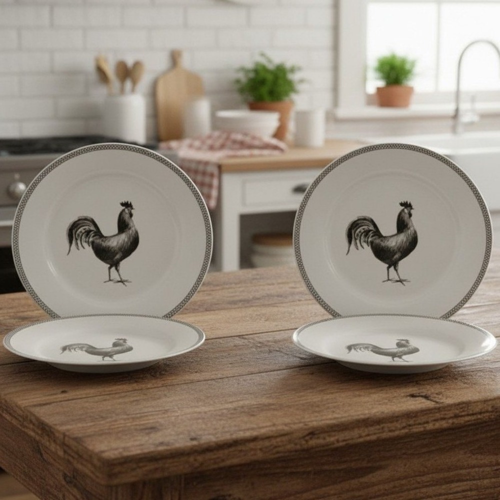 Set of 4 Ciroa Simple Serve Porcelain Rooster 6" Canape Dessert Bread Plates *